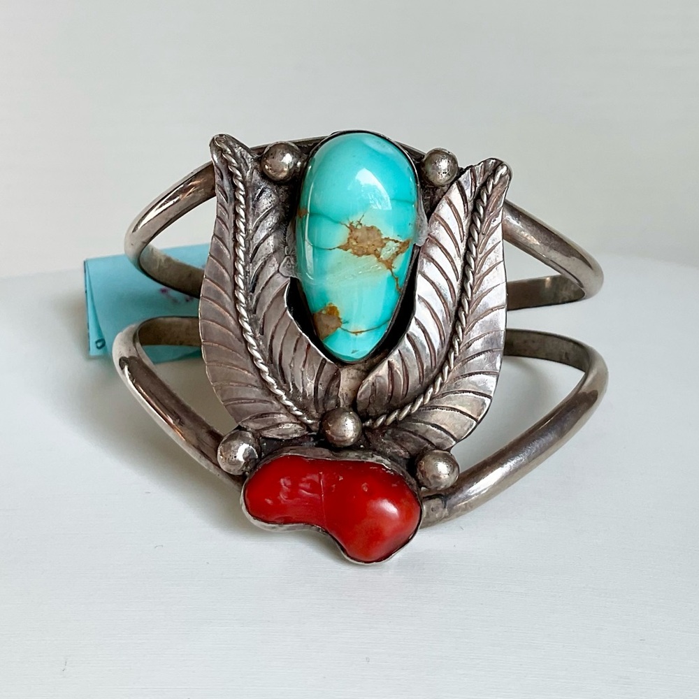 SOLD ❤️ Navajo 1950’s sterling silver turquoise and coral cuff